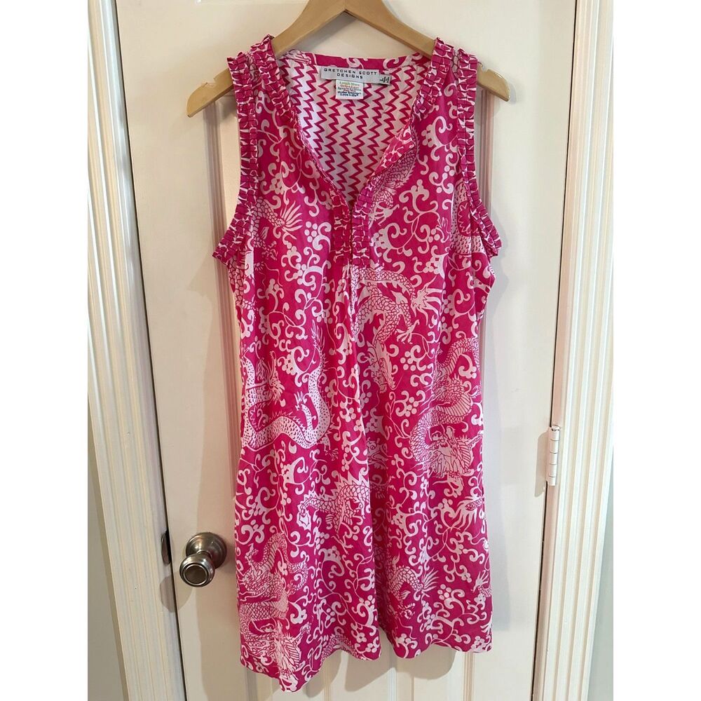 Gretchen Scott Pink White Dragon Print Ruffneck Tunic Shift Dress - Large